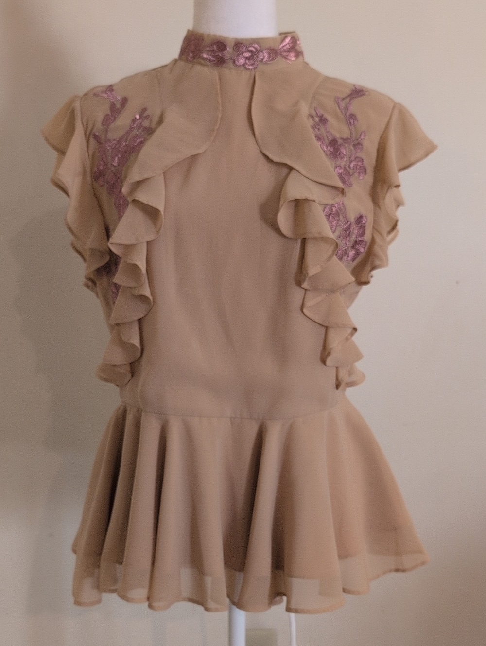 Beige Ruffle Peplum Blouse with Pink Embroidery